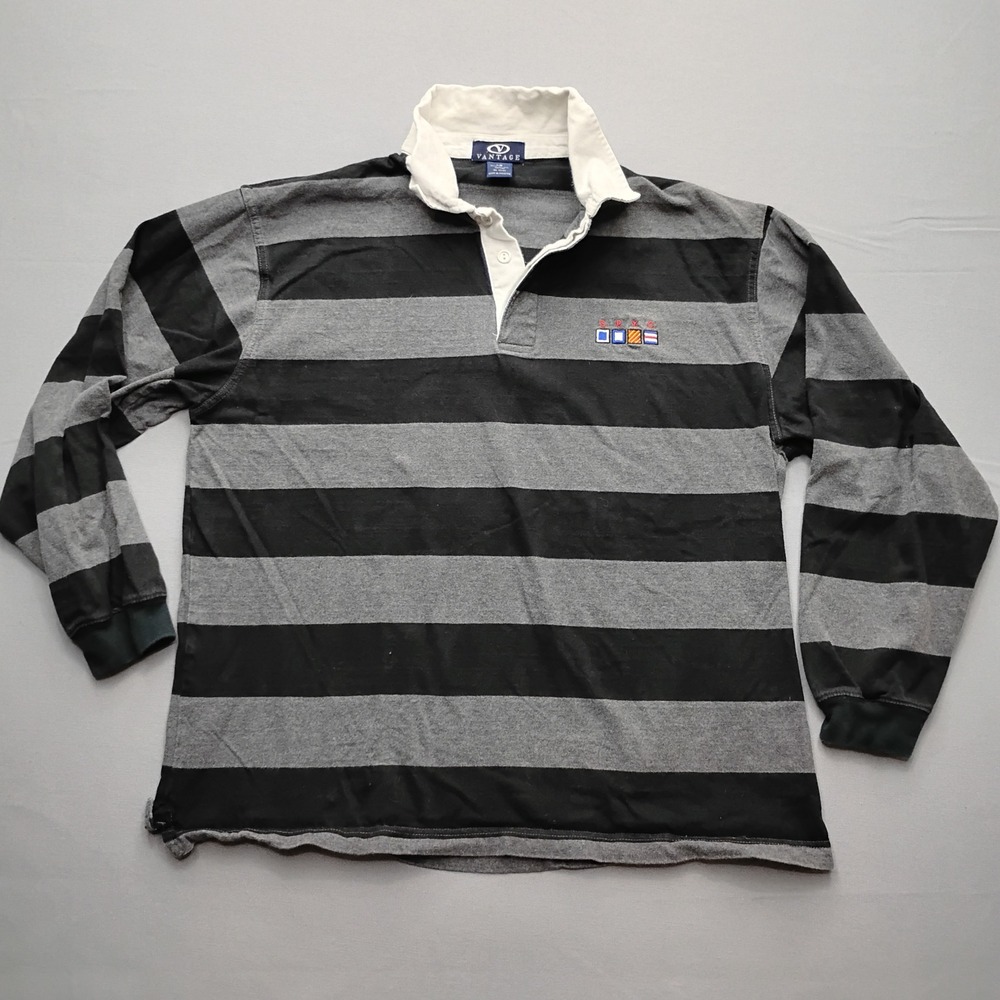 Vantage Mens Large Striped Rugby Shirt Gray Black Long Sleeve S.P.Y.C. Nautical